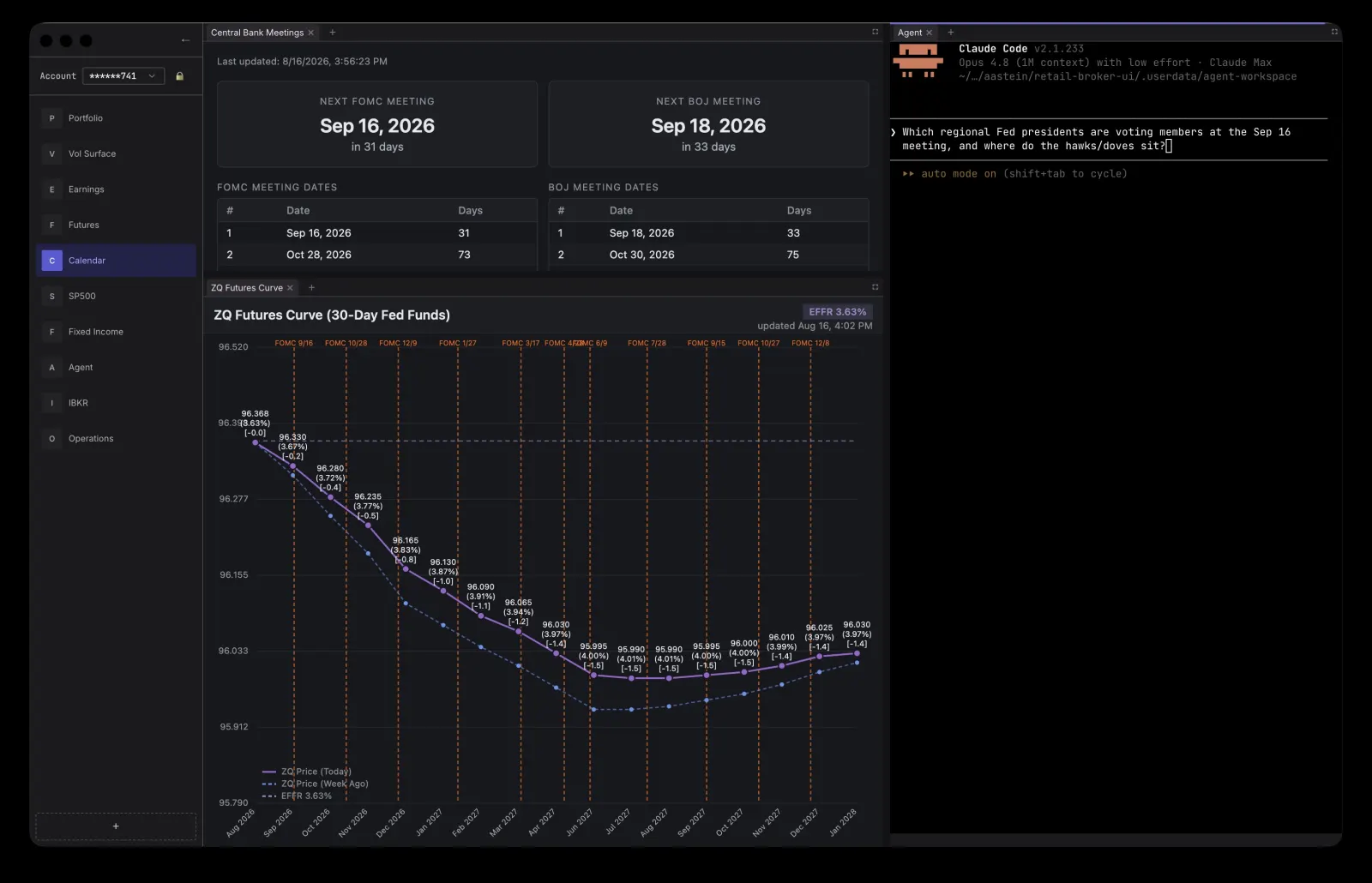 Rates dashboard with upcoming FOMC and Bank of Japan meeting dates and the 30-day fed funds futures curve